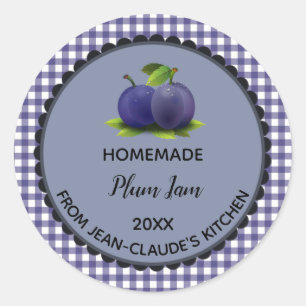 Bewerkbare Blue Gingham Plum Jam Label Stickers