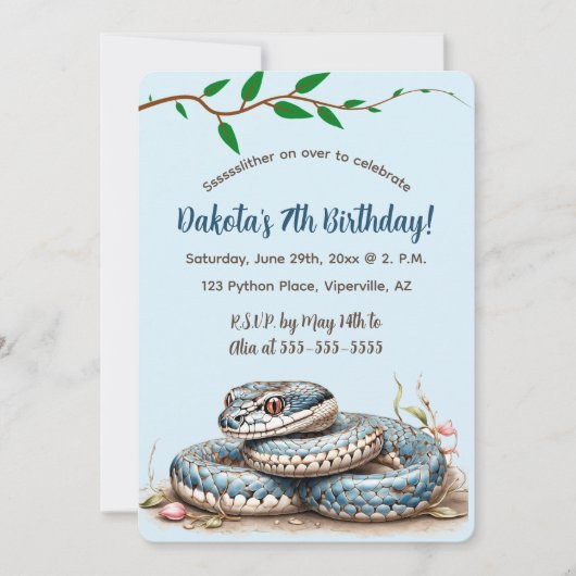 Bewerkbare Blue Snake Birthday Kaart (Voorkant)
