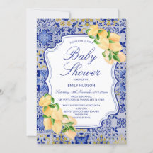 Bewerkbare Blue Tegels Lemons Invitation