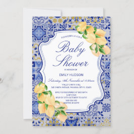 Bewerkbare Blue Tegels Lemons Invitation Kaart