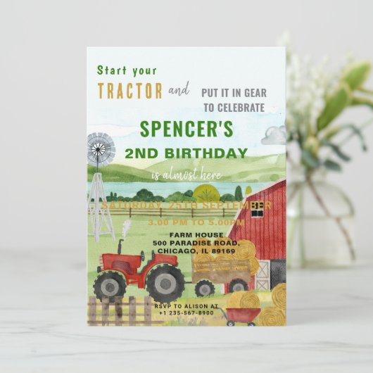 Bewerkbare Boerderij Tractor Verjaardagsuitnodigin Kaart (Staand voorkant)