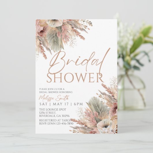 Bewerkbare Boho Bruids Douche Uitnodiging, Pampas Kaart (Staand voorkant)