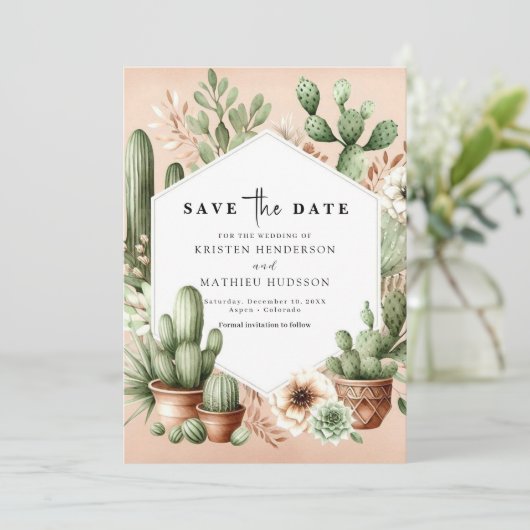 Bewerkbare Boho Cactus bruiloft Save The Date (Staand voorkant)