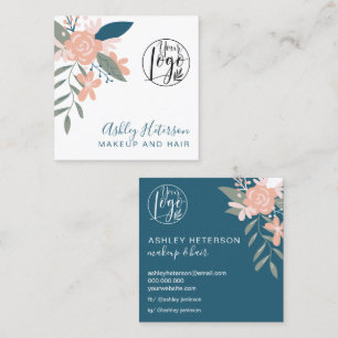 Bewerkbare boho floral roze blauw logo haar make-u vierkante visitekaartje