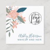 Bewerkbare boho floral roze blauw logo haar make-u vierkante visitekaartje (Voorkant)