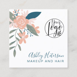Bewerkbare boho floral roze blauw logo haar make-u vierkante visitekaartje