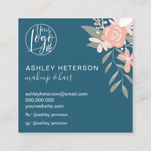 Bewerkbare boho floral roze blauw logo haar make-u vierkante visitekaartje (Achterkant)