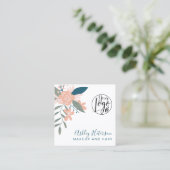Bewerkbare boho floral roze blauw logo haar make-u vierkante visitekaartje (Staand voorkant)