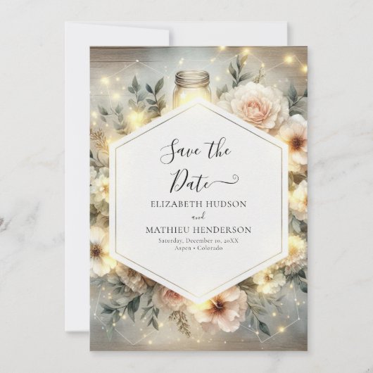 Bewerkbare Boho Mason Jar Wedding Save The Date (Voorkant)