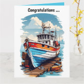 Bewerkbare boot bij de steiger gefeliciteerd kaart (Gele Bloem)