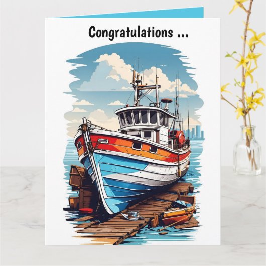 Bewerkbare boot bij de steiger gefeliciteerd kaart (Gele Bloem)