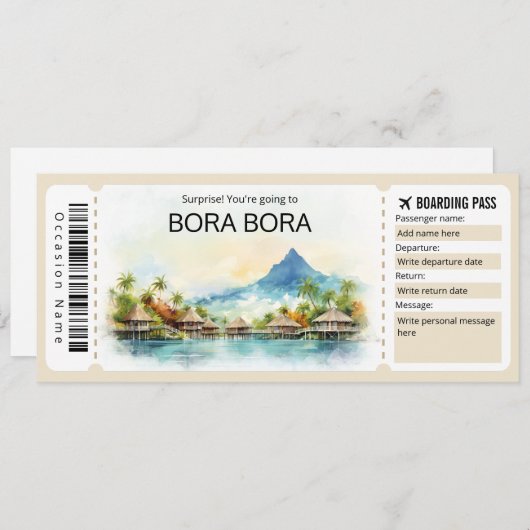 Bewerkbare Bora Bora Vliegticket Boarding Pass Kaart (Voorkant / Achterkant)