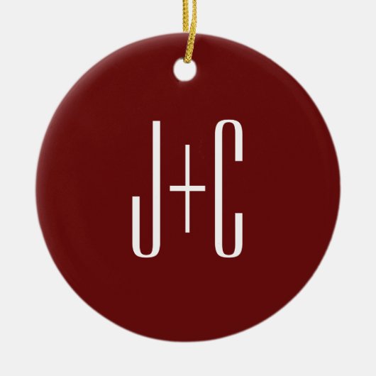 Bewerkbare bordeaux rode achtergrond & witte tekst keramisch ornament (Voorkant)