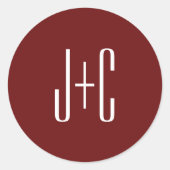 Bewerkbare bordeauxrode achtergrond en witte tekst ronde sticker (Voorkant)