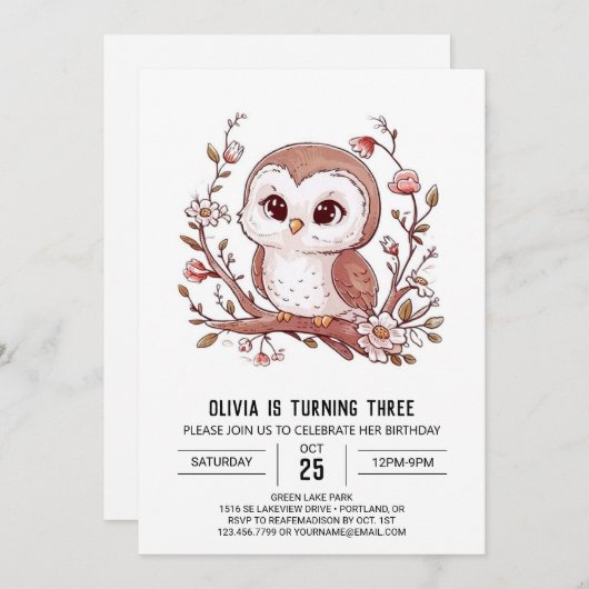 Bewerkbare Bossen Digitale Uil Verjaardag Kaart (Voorkant / Achterkant)