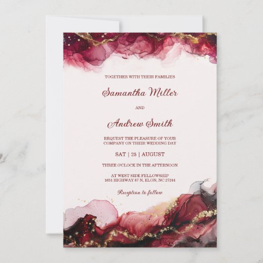 Bewerkbare Bourgogne en gouden bruiloft Sjabloon Kaart (Voorkant)