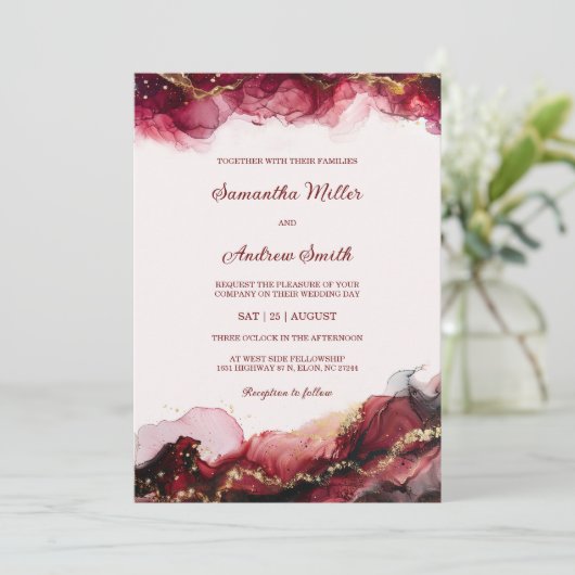 Bewerkbare Bourgogne en gouden bruiloft Sjabloon Kaart (Staand voorkant)