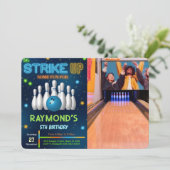 Bewerkbare bowling foto uitnodiging (Staand voorkant)