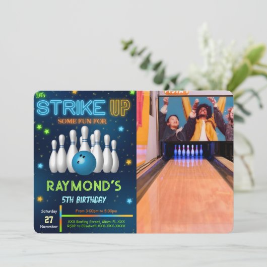 Bewerkbare bowling foto uitnodiging (Staand voorkant)