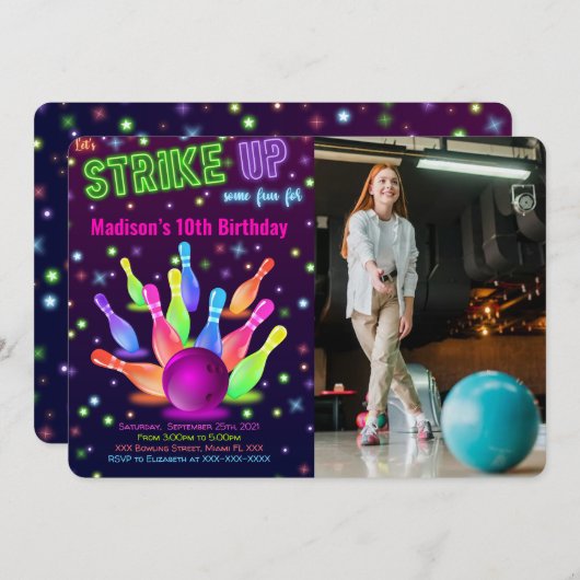 Bewerkbare Bowling Foto Uitnodiging (Voorkant / Achterkant)