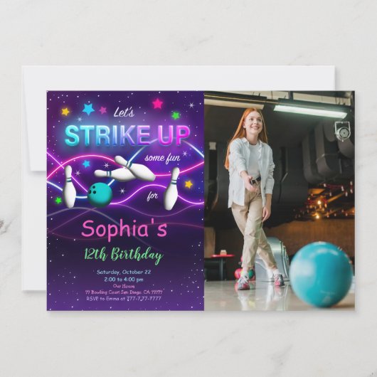 Bewerkbare bowling foto uitnodiging (Voorkant)