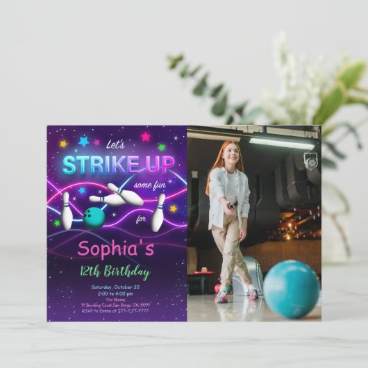 Bewerkbare bowling foto uitnodiging (Staand voorkant)