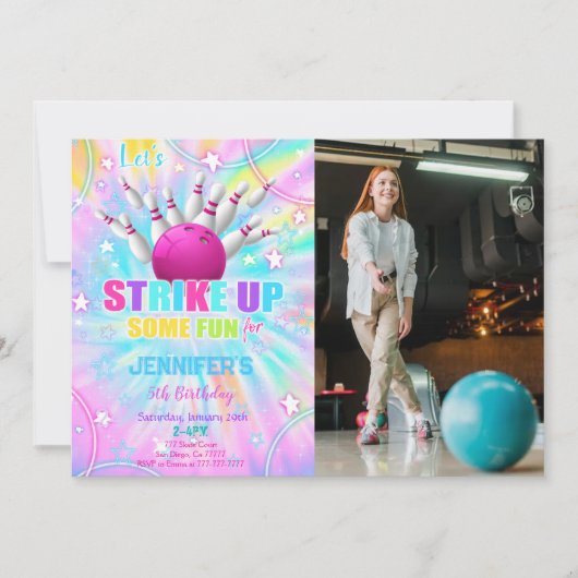 Bewerkbare Bowling Verjaardagsfoto Uitnodiging (Voorkant)