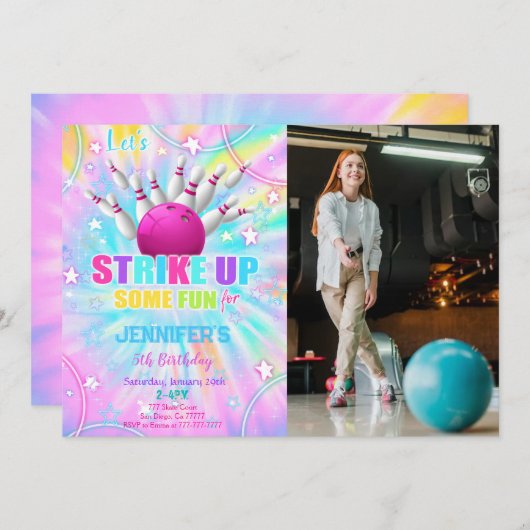 Bewerkbare Bowling Verjaardagsfoto Uitnodiging (Voorkant / Achterkant)