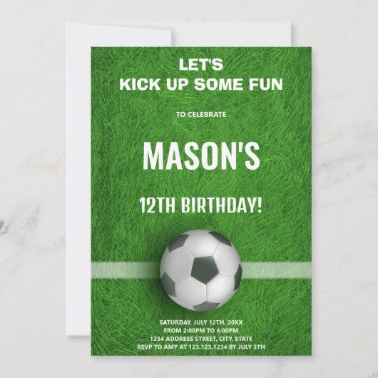 Bewerkbare Boys Sports Party Kaart met Field & Bal (Voorkant)