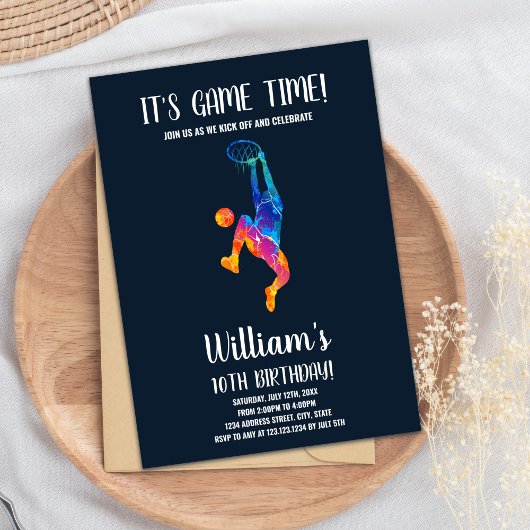 Bewerkbare Boys Sports Party Kaart met Rainbow Bal