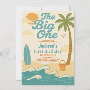 Bewerkbare Boy's The Big One Surfing 1st Birthday Kaart