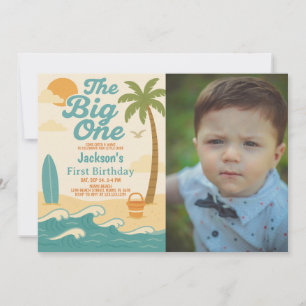 Bewerkbare Boy's The Big One Surfing 1st Birthday Kaart