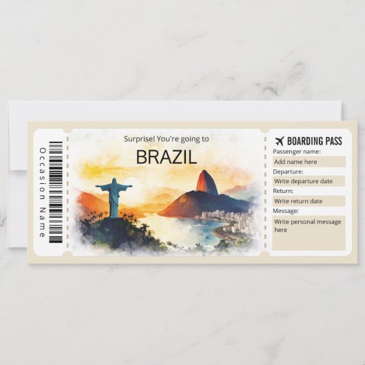 Bewerkbare Brazilië Vliegticket Rio Boarding Pass Kaart (Voorkant)