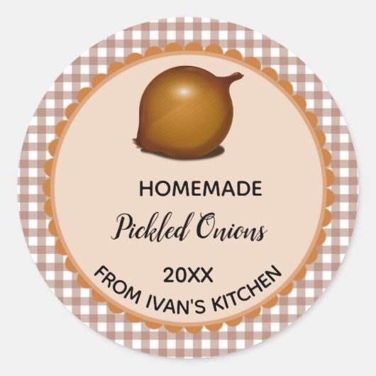 Bewerkbare Brown Gingham Pickled Onions Labels (Voorkant)