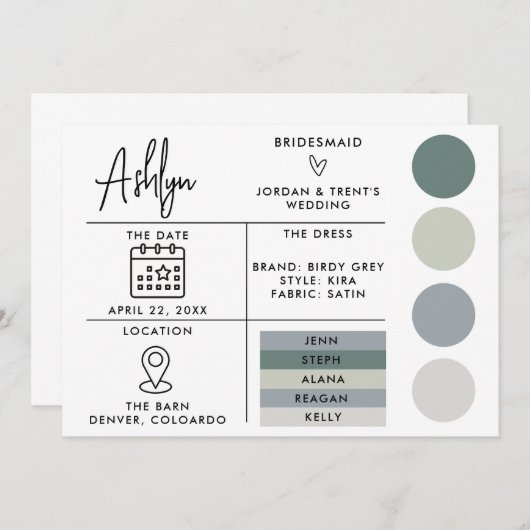 Bewerkbare bruidsmeisjes Info Kaart voor bruiloft (Voorkant / Achterkant)
