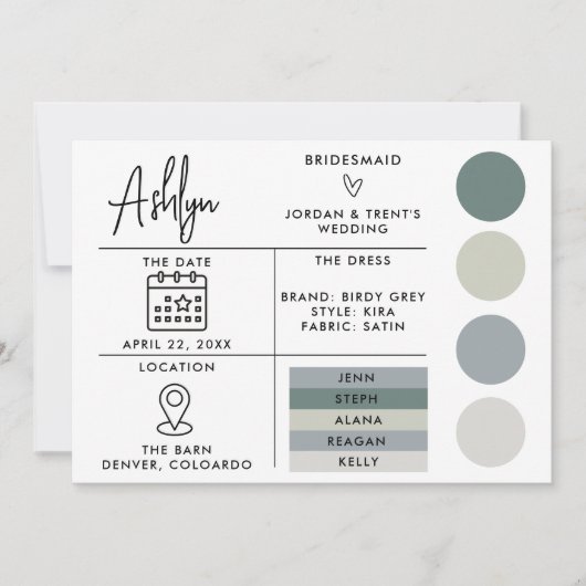 Bewerkbare bruidsmeisjes infokaart voor de bruilof kaart (Voorkant)