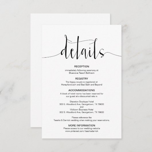 Bewerkbare bruiloft details, zwart modern letterty informatiekaartje (Voorkant / Achterkant)