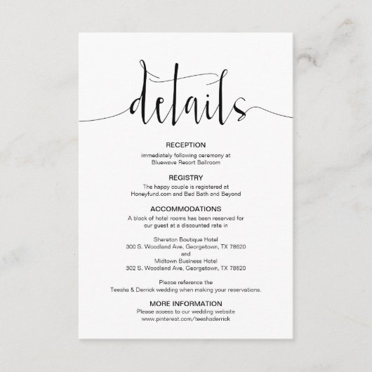 Bewerkbare bruiloft details, zwart modern letterty informatiekaartje (Voorkant)