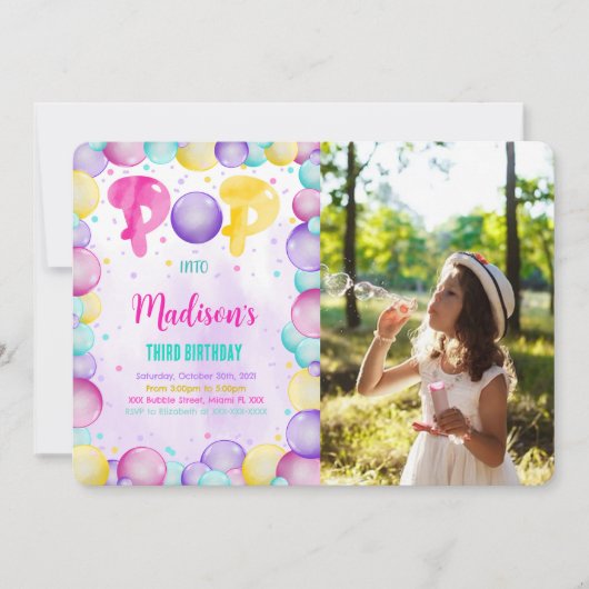 Bewerkbare Bubbles Verjaardags Foto Uitnodiging (Voorkant)