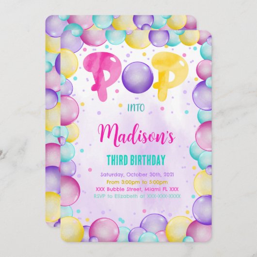 Bewerkbare Bubbles Verjaardagsuitnodiging Kaart (Voorkant / Achterkant)