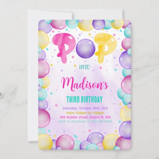 Bewerkbare Bubbles Verjaardagsuitnodiging Kaart (Voorkant)