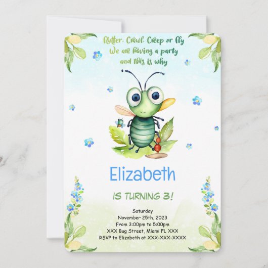 Bewerkbare Bug Verjaardag Kaart (Voorkant)