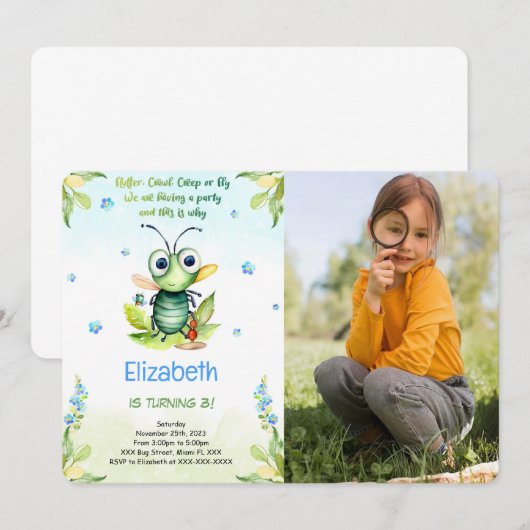 Bewerkbare Bug Verjaardagsfoto Kaart (Voorkant / Achterkant)