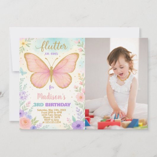 Bewerkbare Butterfly Birthday Invitation met foto Kaart (Voorkant)