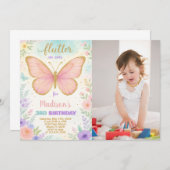 Bewerkbare Butterfly Birthday Invitation met foto Kaart (Voorkant / Achterkant)
