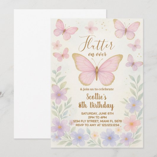 Bewerkbare Butterfly verjaardagsfeestje uitnodigin Kaart (Voorkant / Achterkant)