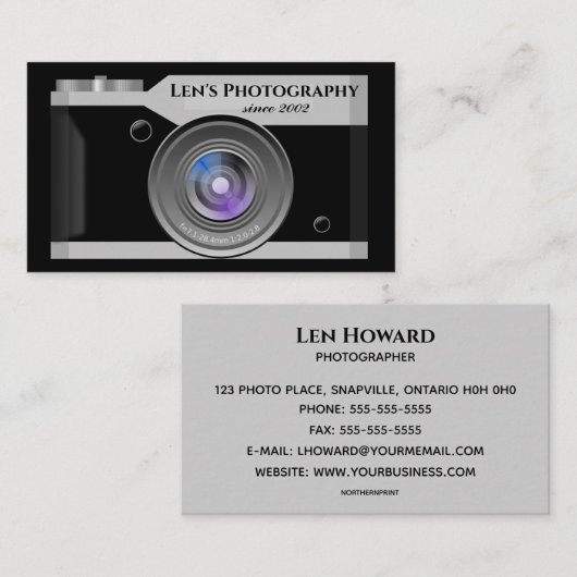 Bewerkbare camera fotograaf visitekaartje (Voorkant / Achterkant)