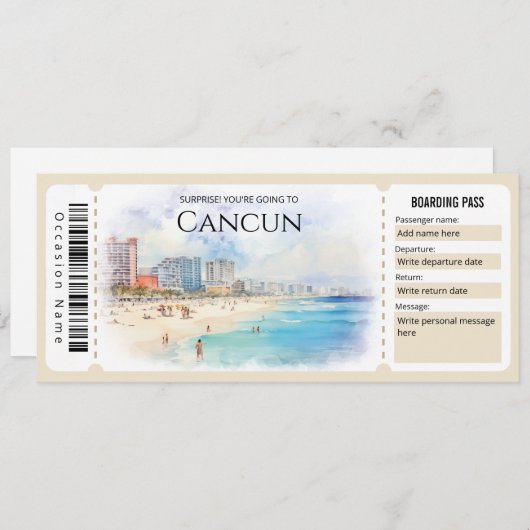 Bewerkbare Cancun Plane Boarding Pass Ticket Kaart (Voorkant / Achterkant)