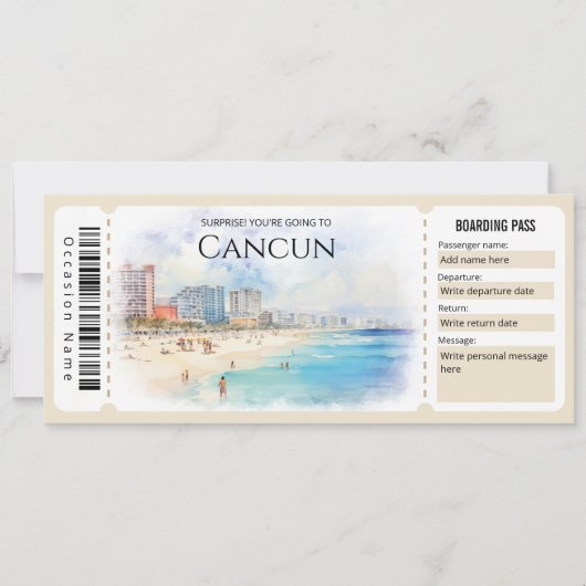 Bewerkbare Cancun Plane Boarding Pass Ticket Kaart (Voorkant)
