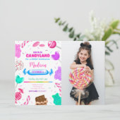 Bewerkbare Candy land verjaardagsfoto uitnodiging (Staand voorkant)